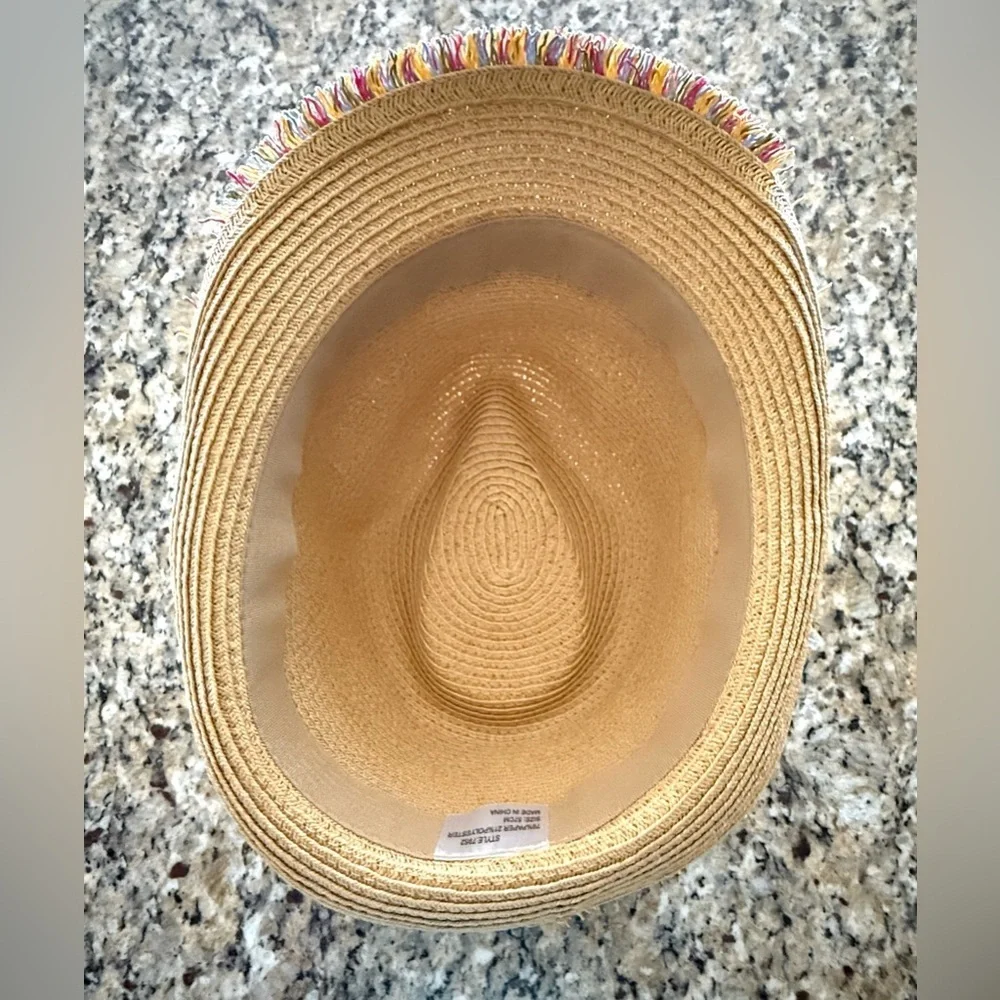 Straw Fedora Hat w/ Black Band & Fringe Trim – Size 57 cm